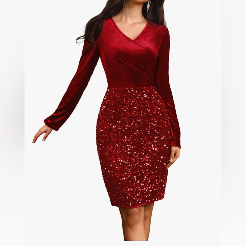 NEW Velvet Sequin V Neck Long Sleeve Winter Dress Holiday Christmas Dress S